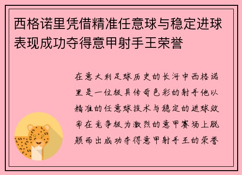 西格诺里凭借精准任意球与稳定进球表现成功夺得意甲射手王荣誉
